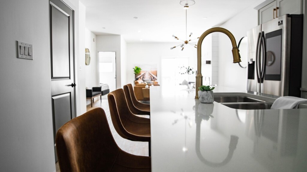 clogged kitchen sink with standing water in Korean apartment