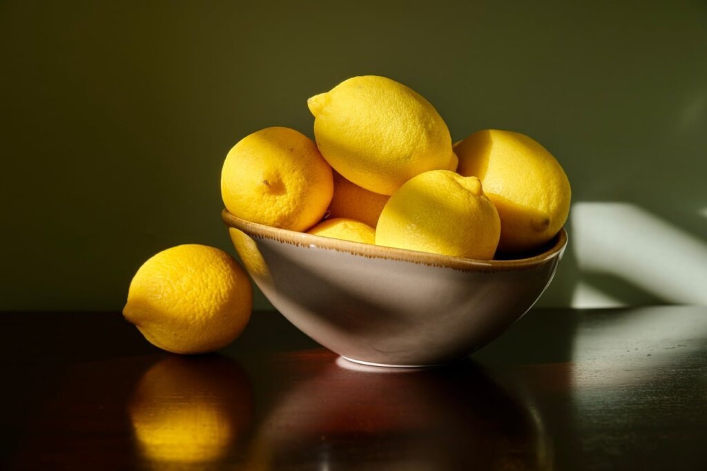 organized cleaning supplies for microwave including lemon, soft cloth, and bowl of water