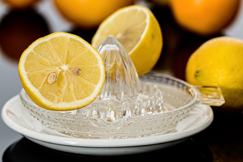 lemon juice bottle next to white vinegar on kitchen counter